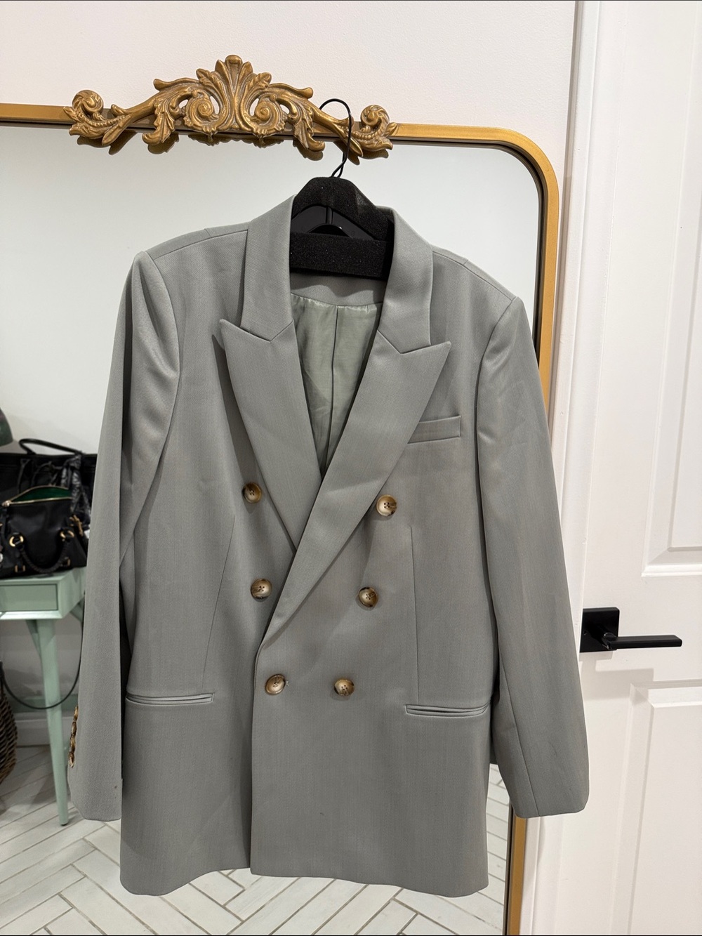 Reiss Double-Breasted pale sage green Blazer with Gold Buttons Size 14